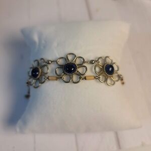 Vintage Artisan Floral Wire Link Anklet Blue Glass Cabochon Boho Whimsy Fairy